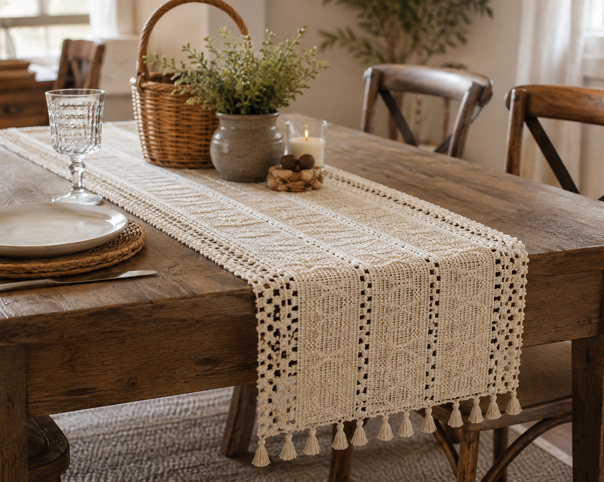 Rustic Boho Table Runner with Tassel Fringe