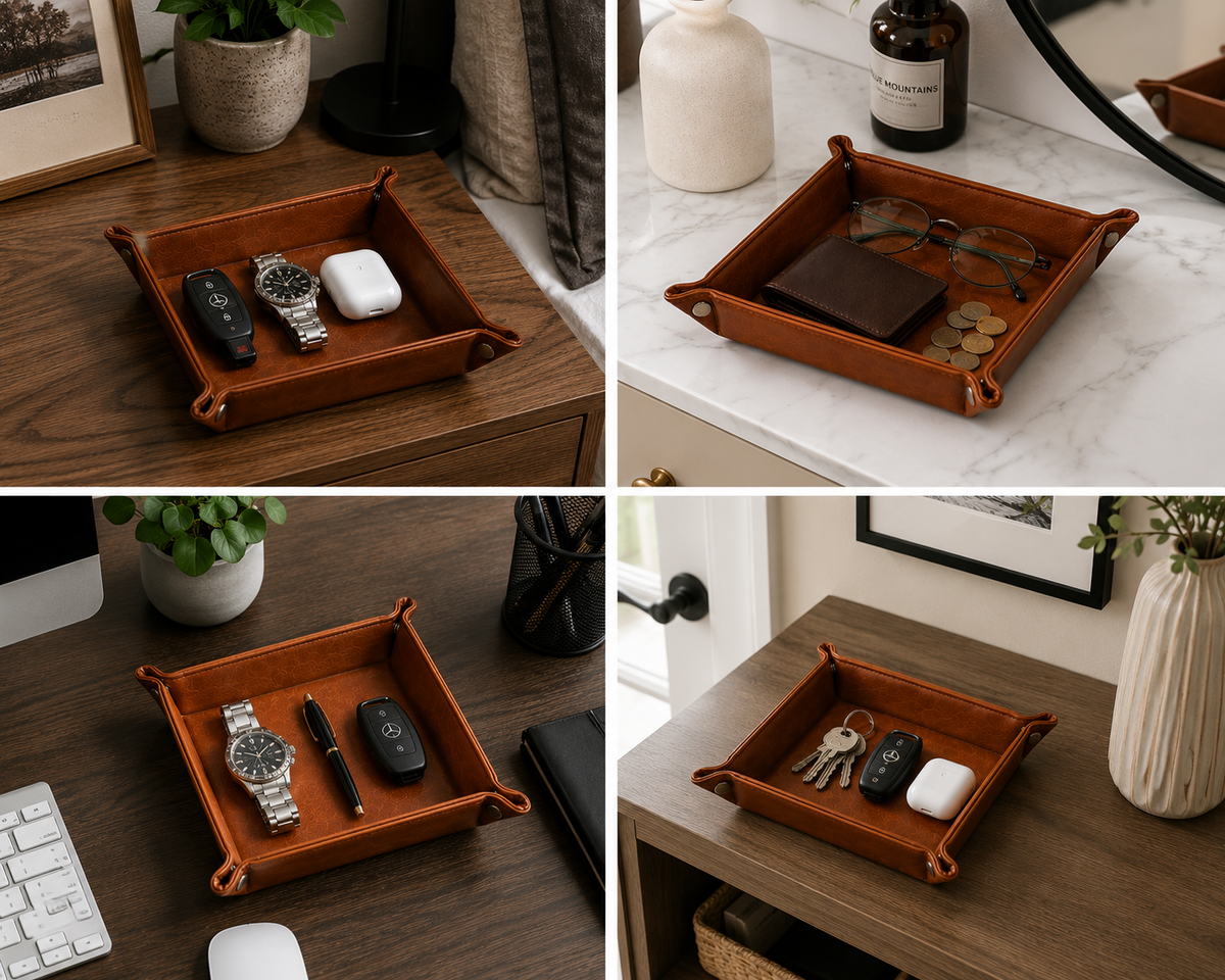 Leather Valet Tray Organizer – Catchall for Watch, Wallet, Keys & Phone