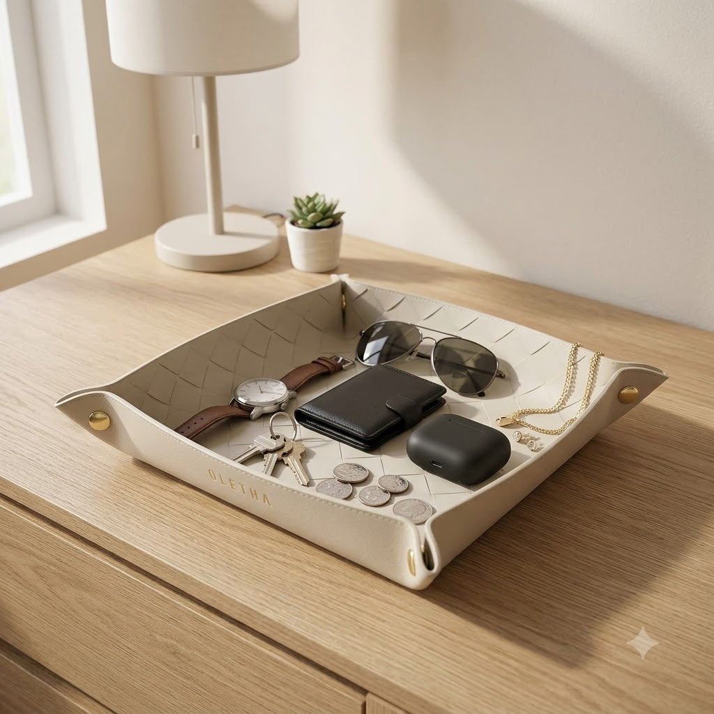 Small Foldable Valet Tray – Beige Catchall Organizer for Desk, Nightstand & Travel