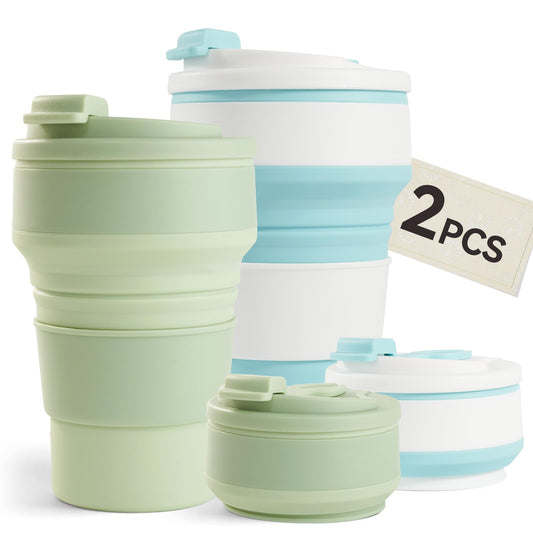 2-Pack Collapsible Silicone Travel Cups with Lids – Reusable Folding Cups for Camping, Hiking & Travel