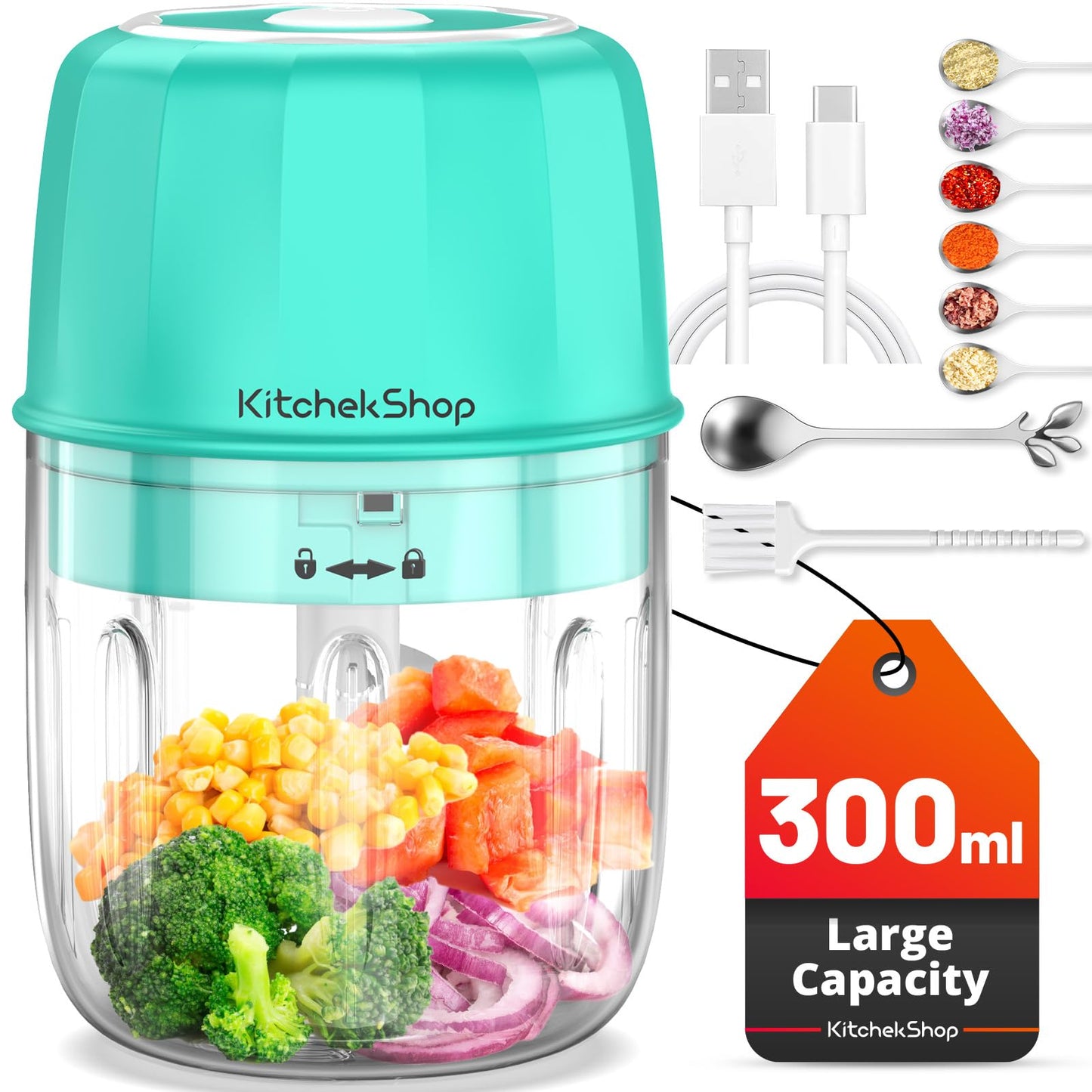 Rechargeable Portable and Cordless Mini Food Processor 300ML with Stainless Steel Blade Electric Garlic Chopper Vegetable Chopper Blender for Nuts Chili Onion Minced Meat and Spices BPA-Free(Green)