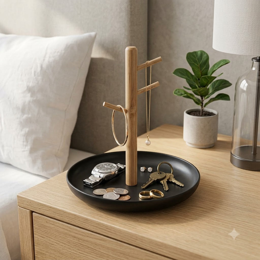 3-Tier Jewelry & Key Organizer Tray – Wooden Hanging Stand with Catchall Dish