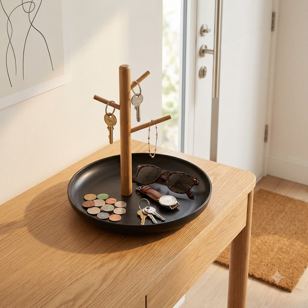 3-Tier Jewelry & Key Organizer Tray – Wooden Hanging Stand with Catchall Dish
