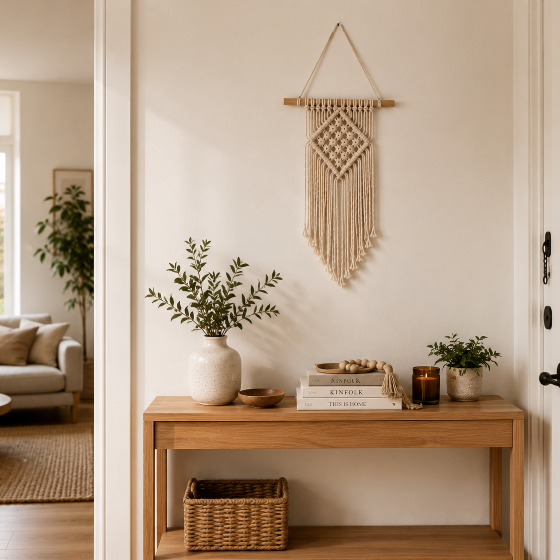 A bohemian-style woven macrame wall hanging in a natural beige color, suspended from a wooden dowel on a white entryway wall above a light wood console table decorated with books, a candle, and a vase.