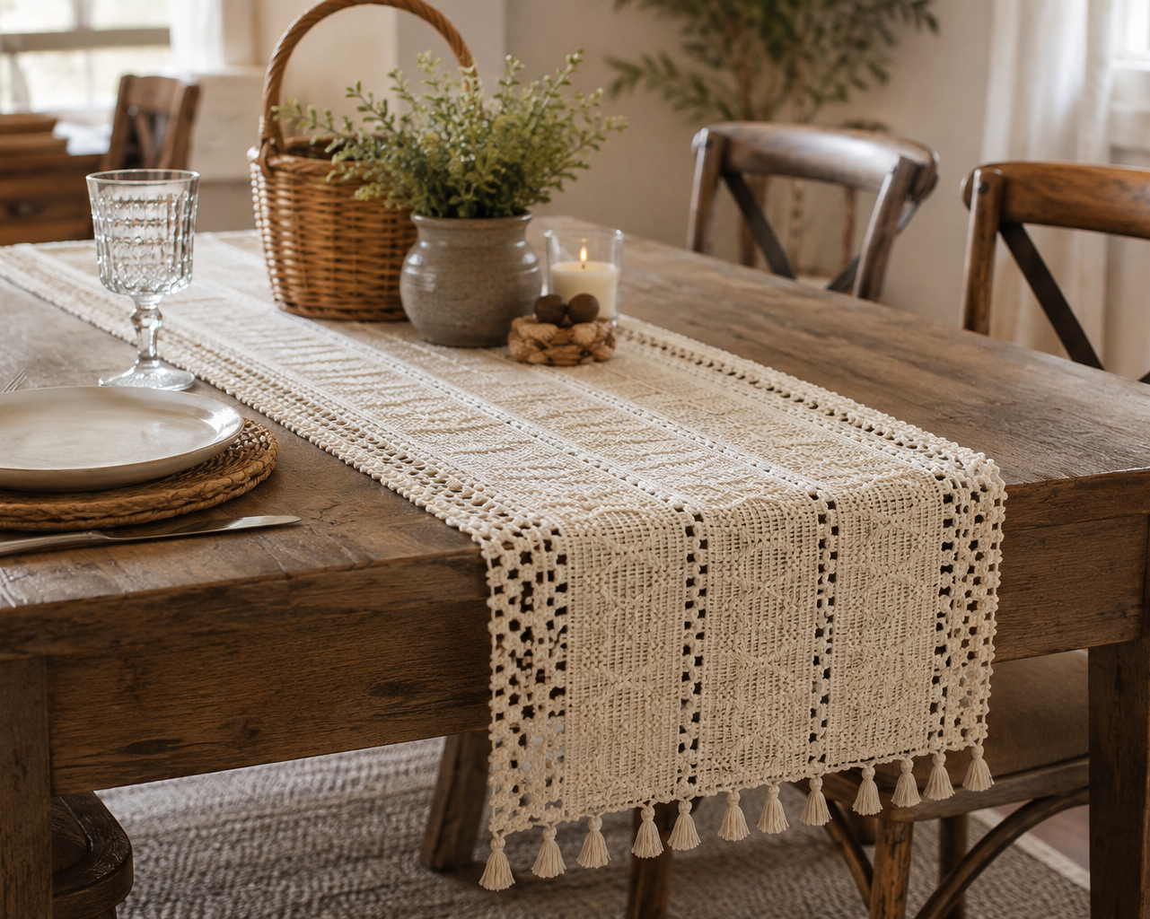 Rustic Boho Table Runner with Tassel Fringe