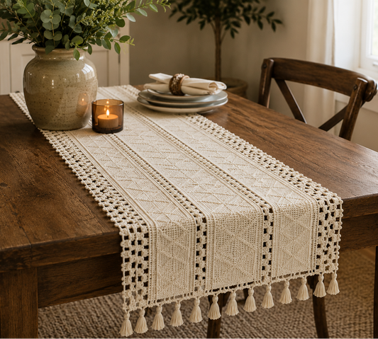 Rustic Boho Table Runner with Tassel Fringe