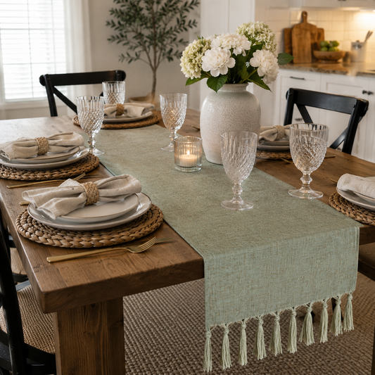 Sage Green Textured Table Runner with Handmade Tassels