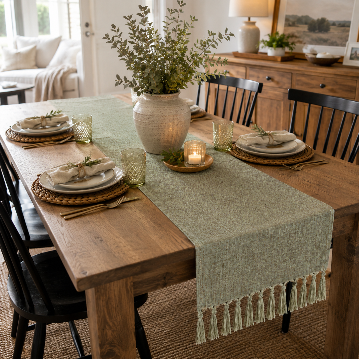 Sage Green Textured Table Runner with Handmade Tassels