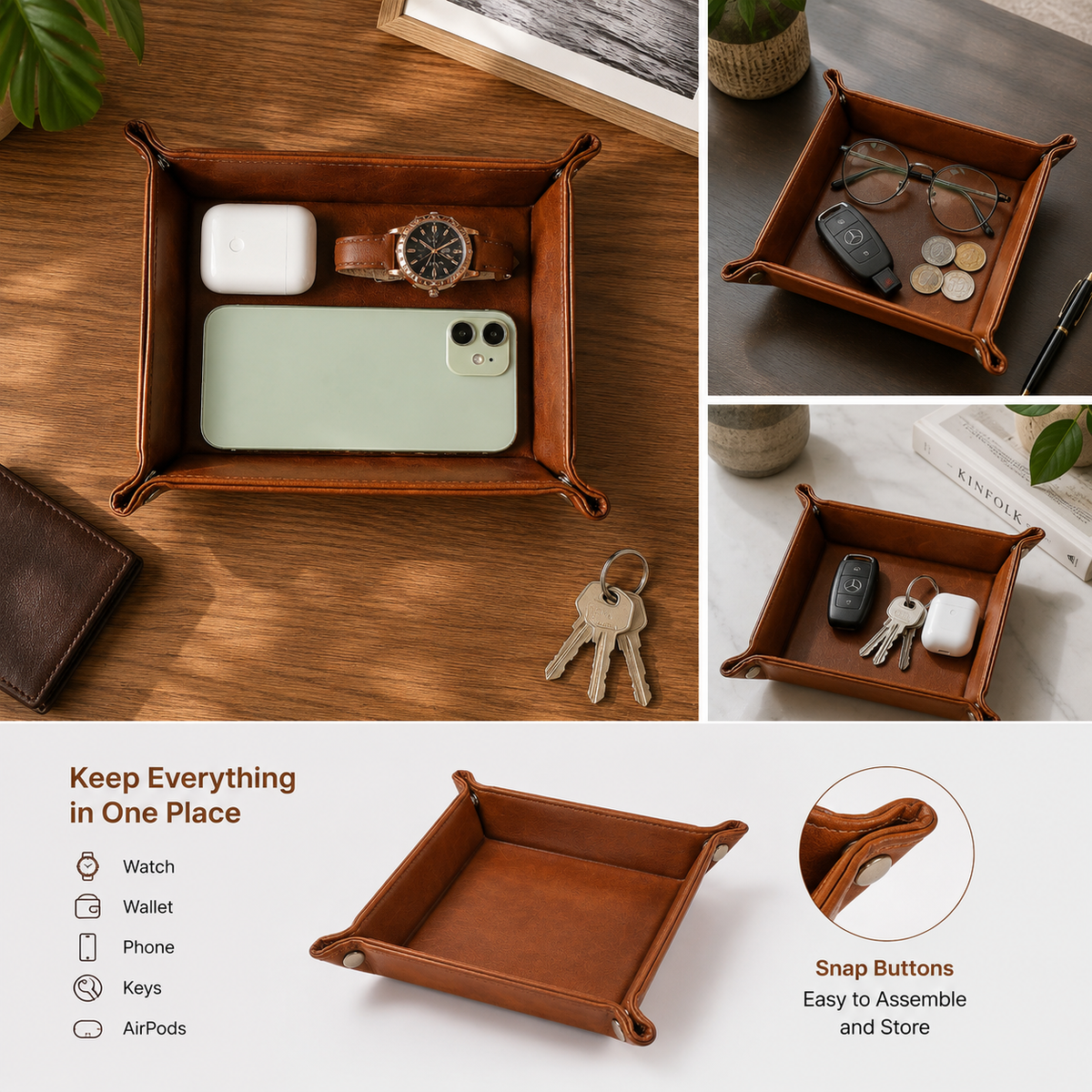 Leather Valet Tray Organizer – Catchall for Watch, Wallet, Keys & Phone