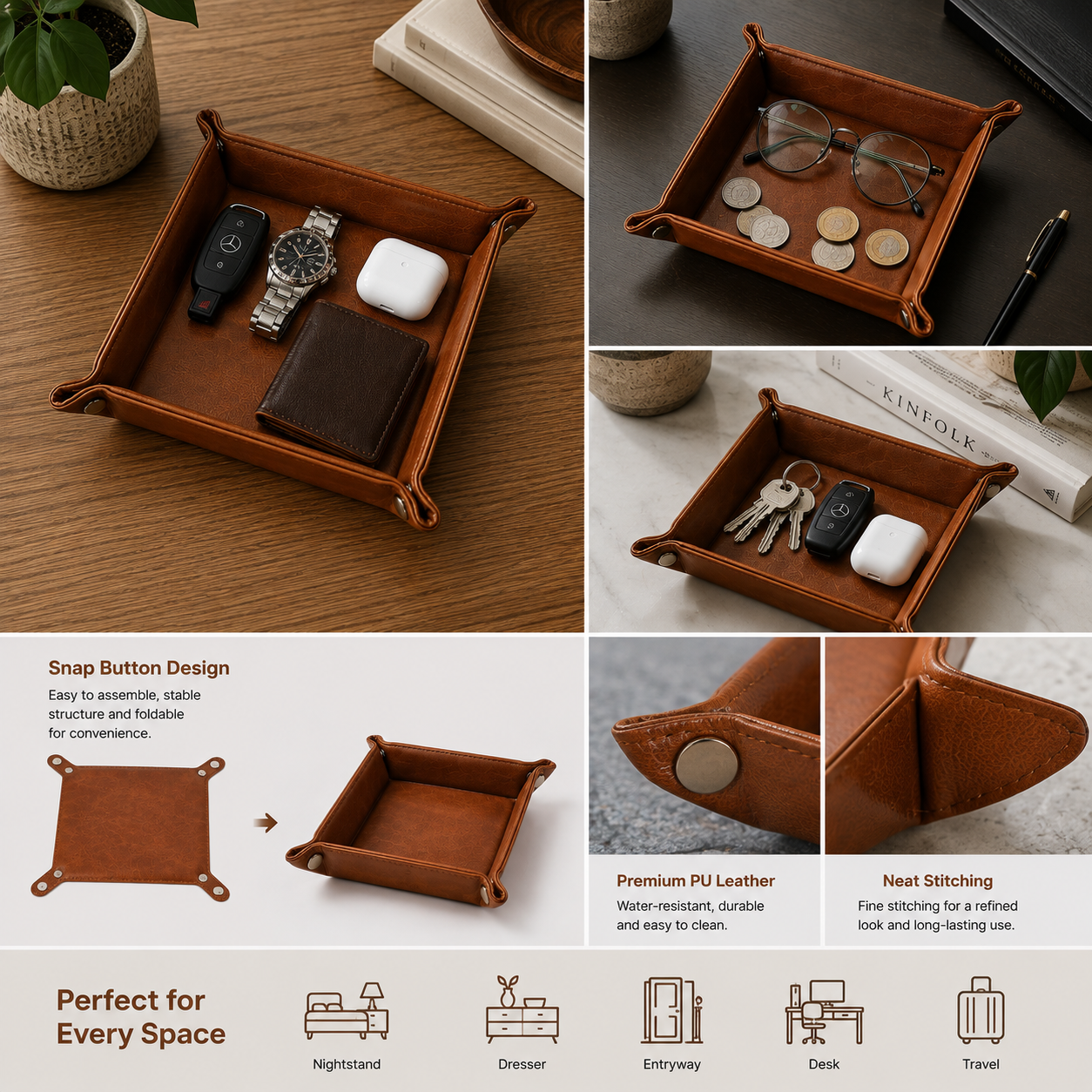 Leather Valet Tray Organizer – Catchall for Watch, Wallet, Keys & Phone