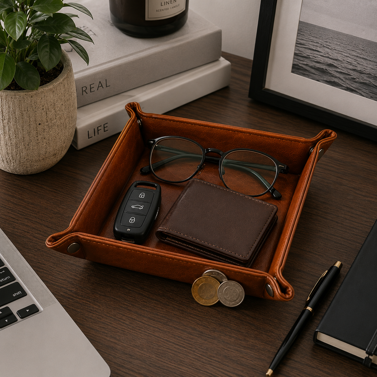 Leather Valet Tray Organizer – Catchall for Watch, Wallet, Keys & Phone