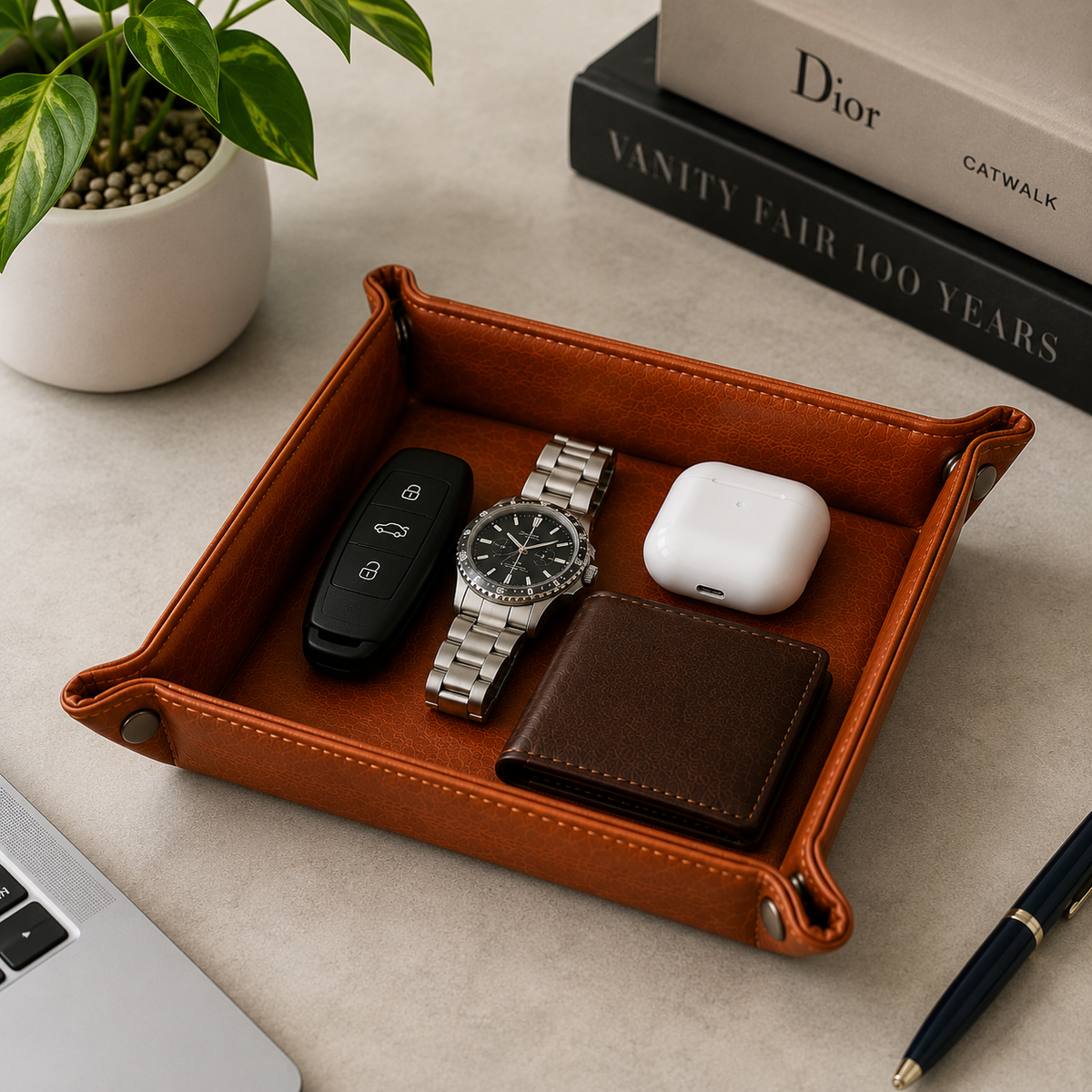 Leather Valet Tray Organizer – Catchall for Watch, Wallet, Keys & Phone