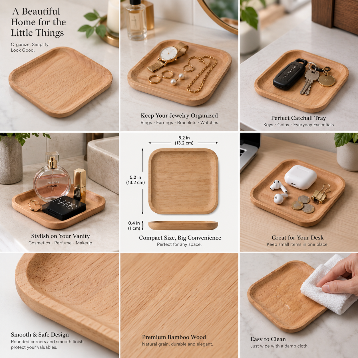Wood Jewelry Tray – Small Bamboo Catchall Organizer for Rings, Keys & Accessories