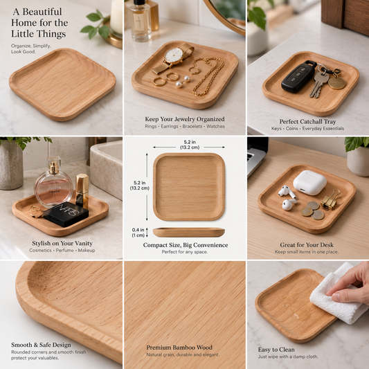 Wood Jewelry Tray – Small Bamboo Catchall Organizer for Rings, Keys & Accessories
