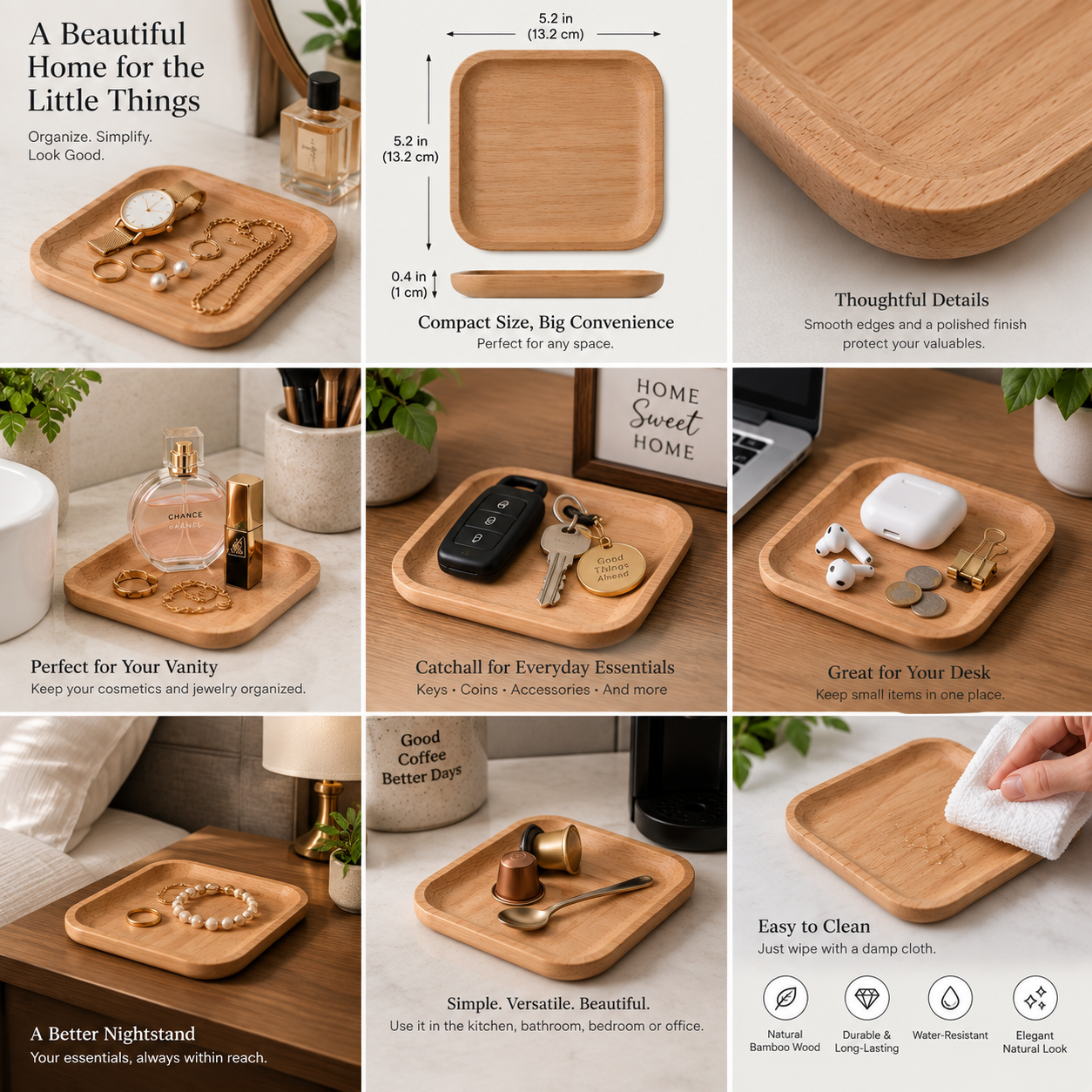 Wood Jewelry Tray – Small Bamboo Catchall Organizer for Rings, Keys & Accessories