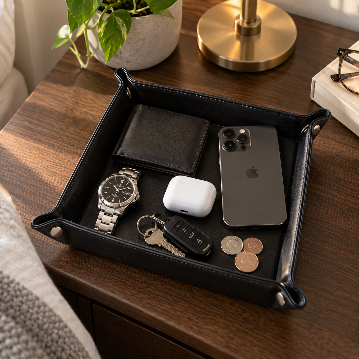 PU Leather Valet Tray – Catchall Organizer for Keys, Wallet, Watch & Phone