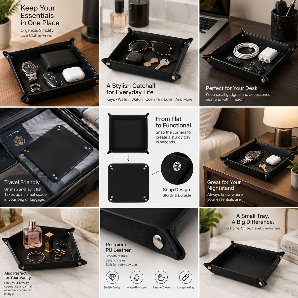 PU Leather Valet Tray – Catchall Organizer for Keys, Wallet, Watch & Phone