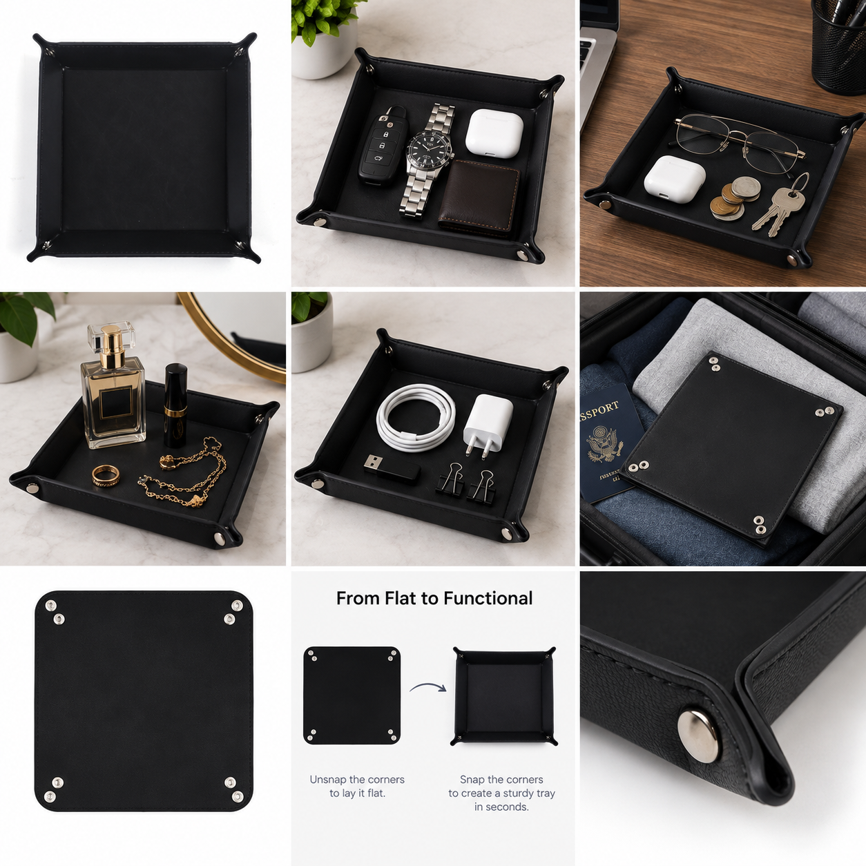 PU Leather Valet Tray – Catchall Organizer for Keys, Wallet, Watch & Phone