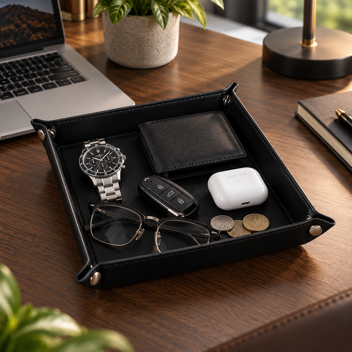 PU Leather Valet Tray – Catchall Organizer for Keys, Wallet, Watch & Phone