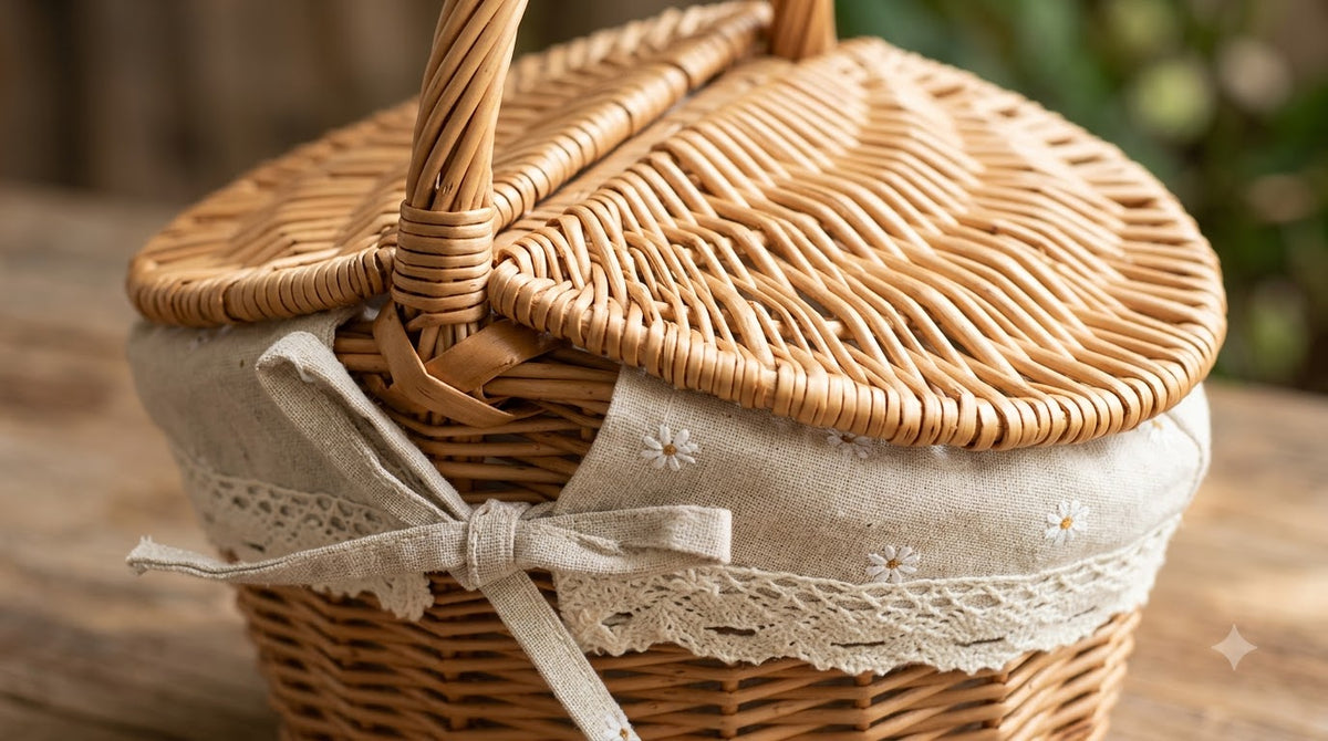 Woven Willow Picnic Basket with Lid – Vintage Picnic, Storage & Gift Basket