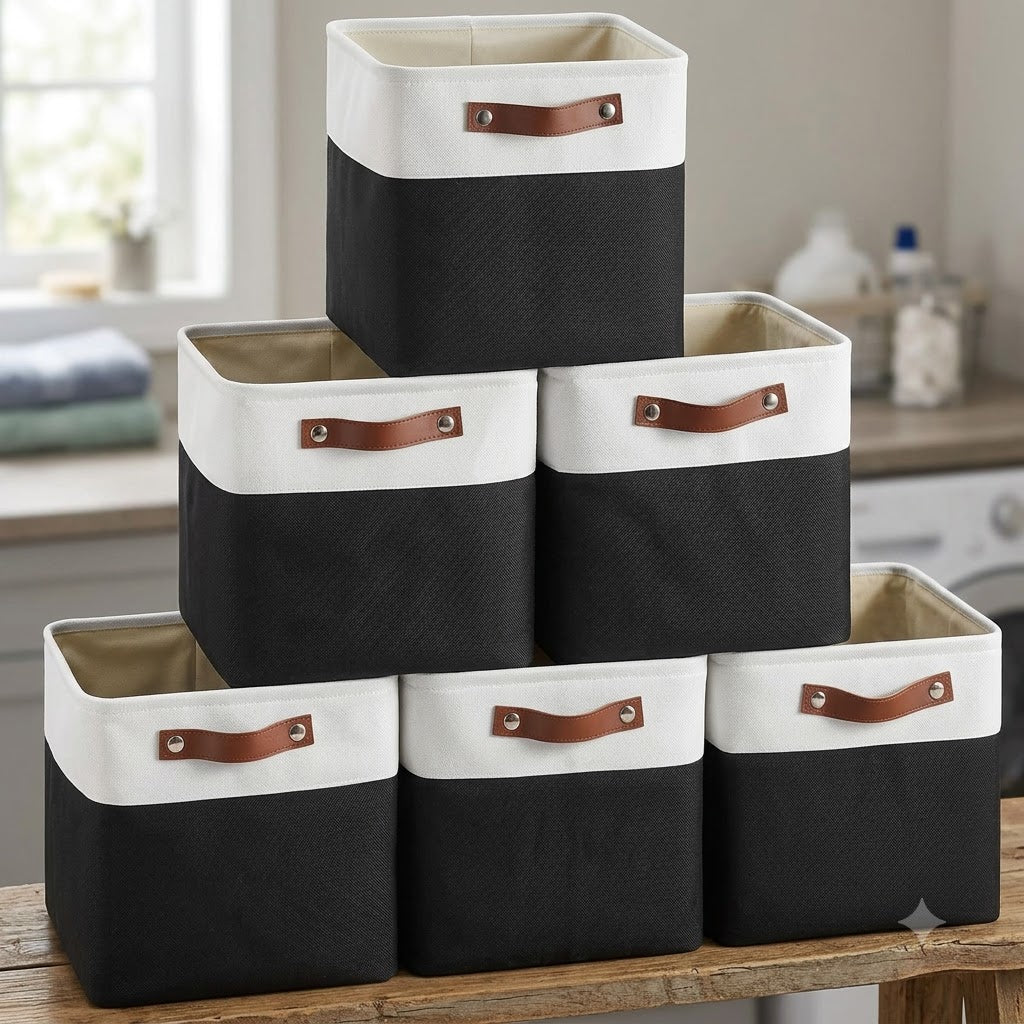 Black & White Fabric Cube Storage Bins – 6-Pack | 11 × 11 × 11" Foldable Organizers