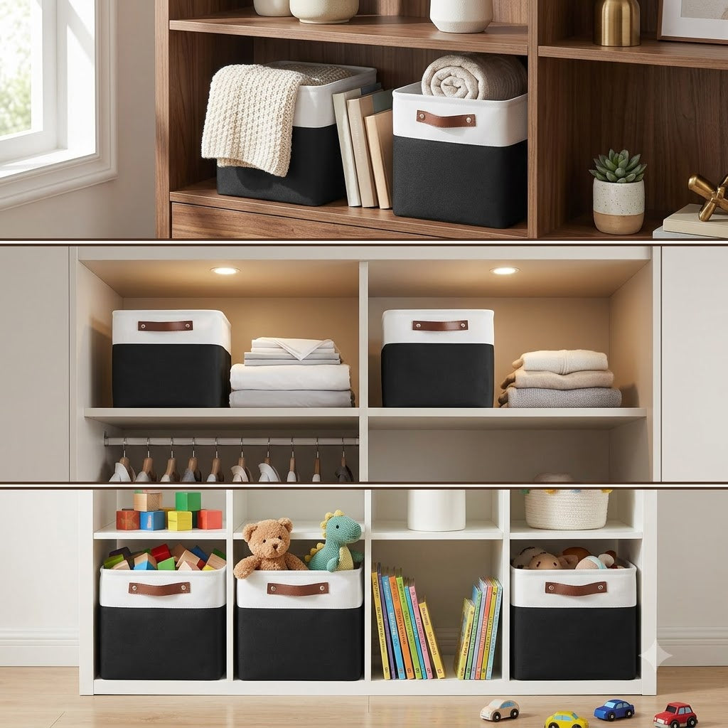 Black & White Fabric Cube Storage Bins – 6-Pack | 11 × 11 × 11" Foldable Organizers