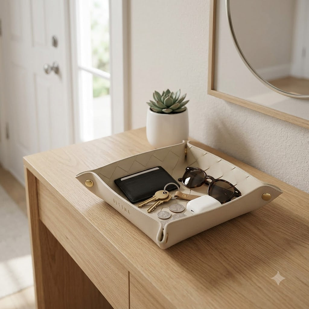 Small Foldable Valet Tray – Beige Catchall Organizer for Desk, Nightstand & Travel