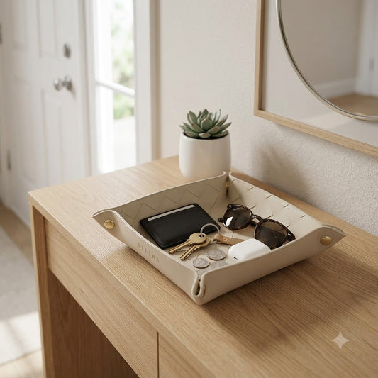 Small Foldable Valet Tray – Beige Catchall Organizer for Desk, Nightstand & Travel