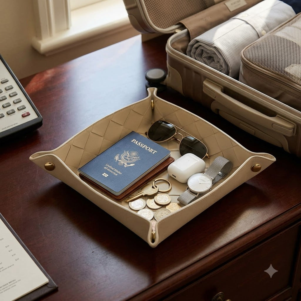 Small Foldable Valet Tray – Beige Catchall Organizer for Desk, Nightstand & Travel