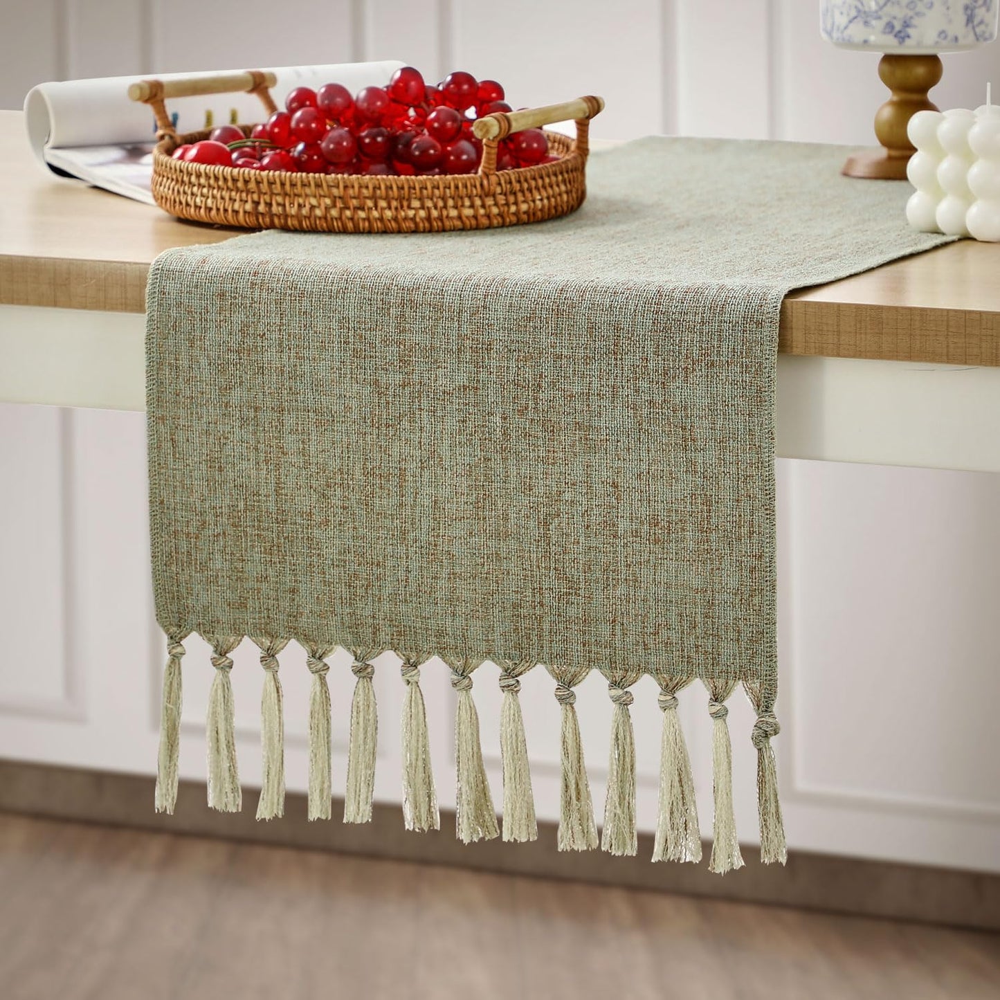 Sage Green Textured Table Runner with Handmade Tassels